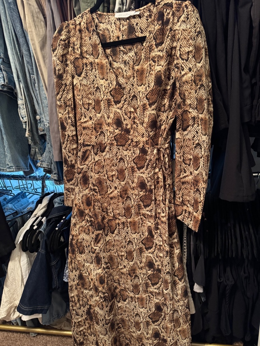 All in Favor Brown Snake-Print Long Sleeve Wrap Dress